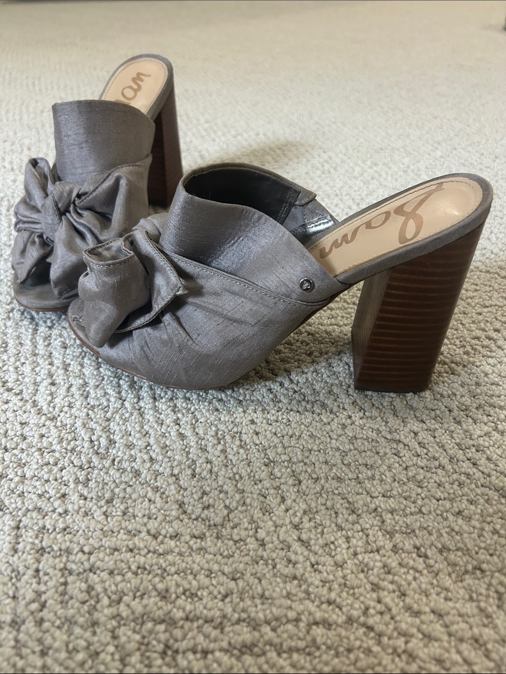 Sam Edelman Silver Gray Bow Block Heel Mules